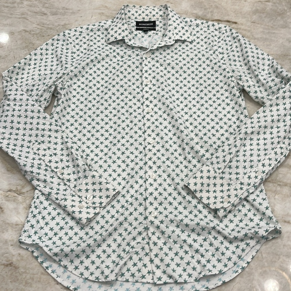 MEN'S SALE Bonobos Tech Performance Button-Up  White & Green Starfish M‎